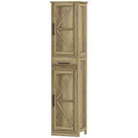 HOMCOM Farmhouse Linen Closet with Drawer, 67" Tall Bathroom Storage Cabinet with Barn Doors and Adjustable Shelves, Gray