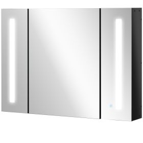 kleankin LED Lighted Medicine Cabinet, 35.5"W x 25.5"H, Wall Mounted with Mirror, 3 Cupboards, USB Charge, High Gloss Black
