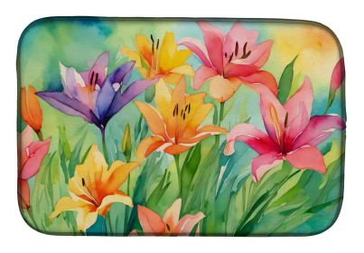 Lilies in Watercolor Dish Drying Mat Absorbent Dish Drying Mat Pad for Kitchen Counter Dish Drainer Mat for Countertop, 14 x 21", Multicolor